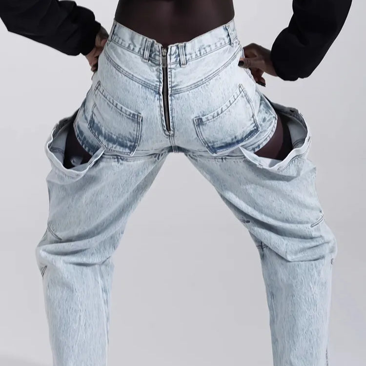 Irregular Hollow Out Spliced Button Jeans For Women High Waist Patchwork Zipper Streetwear Denim Long Trousers Female Style