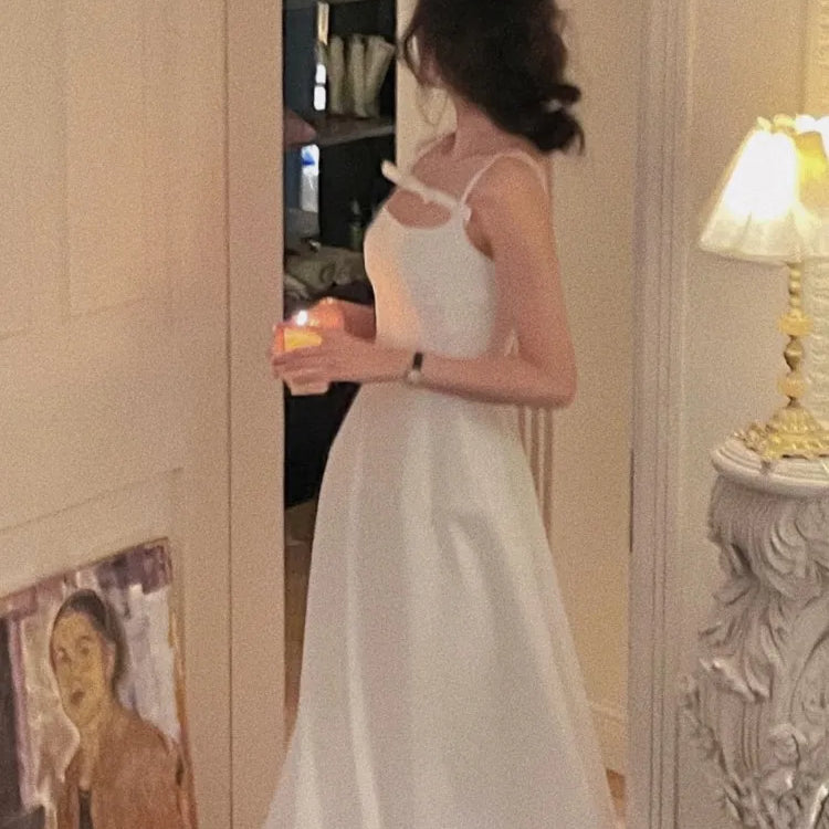 Y2K Summer Short Dress Women Solid Spaghetti Strap Evening Party Dresses Elegant Sleeveless Sexy A-line One Piece Vestido Mujer White(Long)