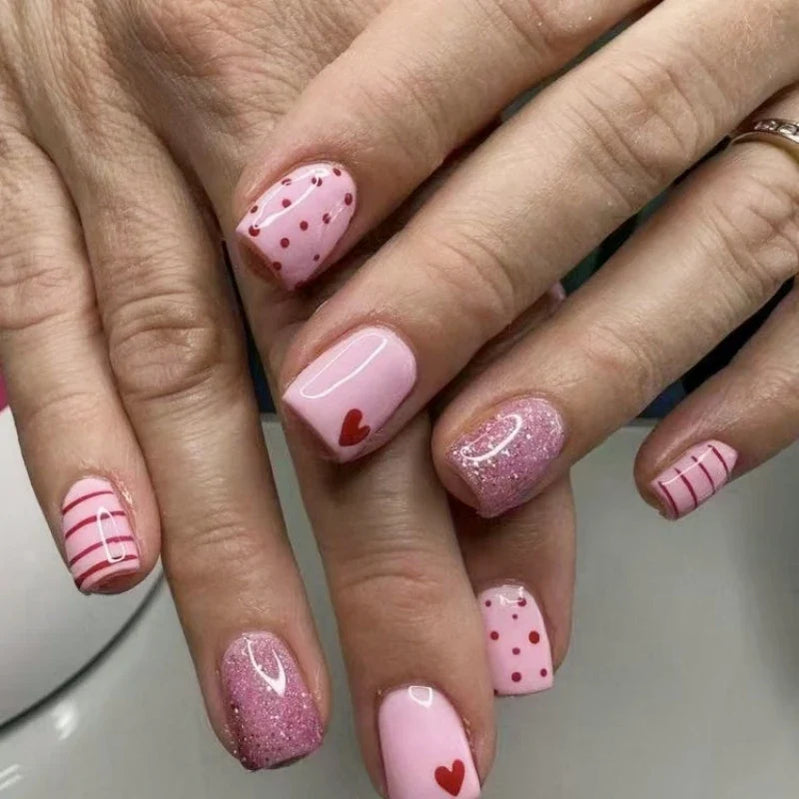 Sweet Girls Pink Fake Nails Short Square Valentine's Day Press On Nails Love Heart/Dot Printed Glossy Sequins False Nails Art