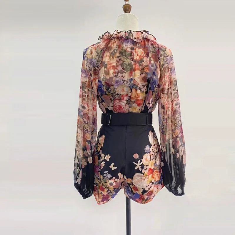 Shot Spot Australia Positioning Printing Top Three-Dimensional Flower Lace-up Top + Wide Leg Shorts Suit Women