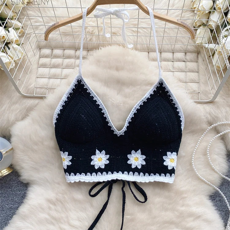 SINGREINY Floral Hook Knit Camisole Women Elegant Backless Fashion Vacation Ladies Backless Summer Bikini Sexy Beach Bra black One Size