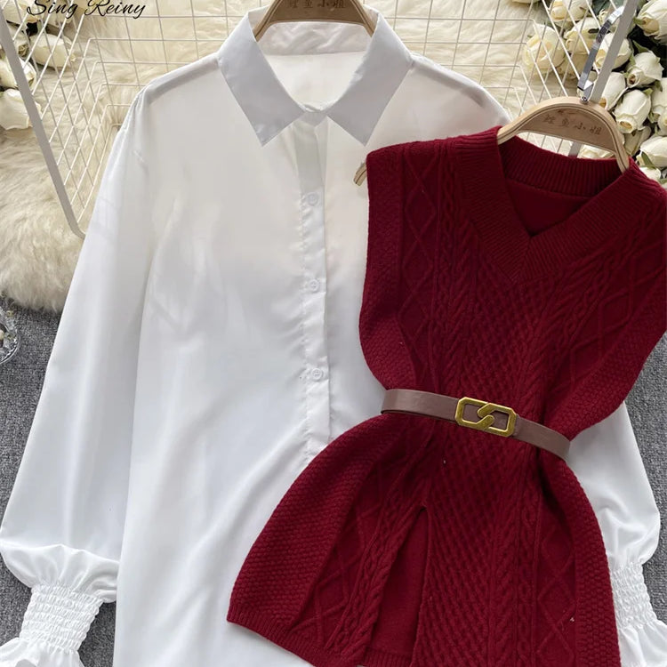 Office Lady Knitted Sweater Warm Thick Knit Vest+Single Breasted Lantern Sleeve Blouse Women Pullover Shirt Suits red One Size