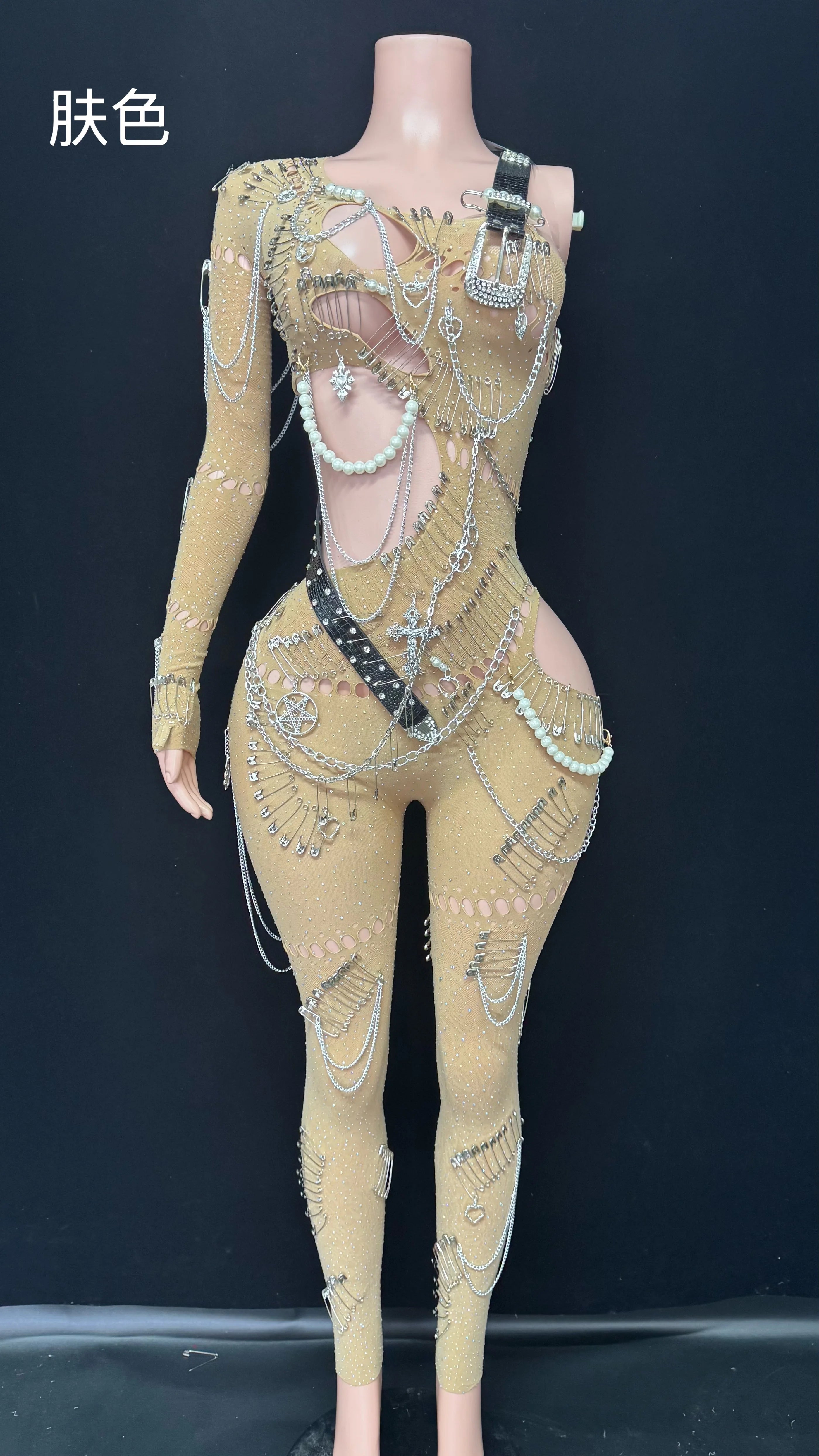 Sexy Shining Pearl Chain One Shoulder Hollow Out Jumpsuit 2025 New Women Birthday Party Nightclub Singer Performance Stage Wear