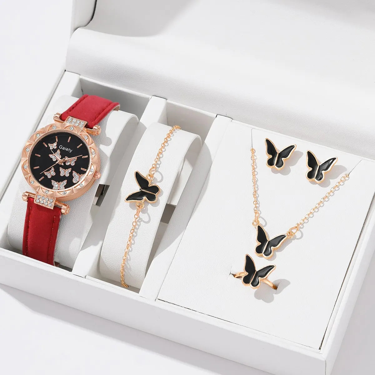 6pcs Luxury Watch Women Ring Necklace Earrings Bracelet Set Watches Butterfly Leather Strap Ladies Quartz WristWatch No Box 6pcs set red 4691
