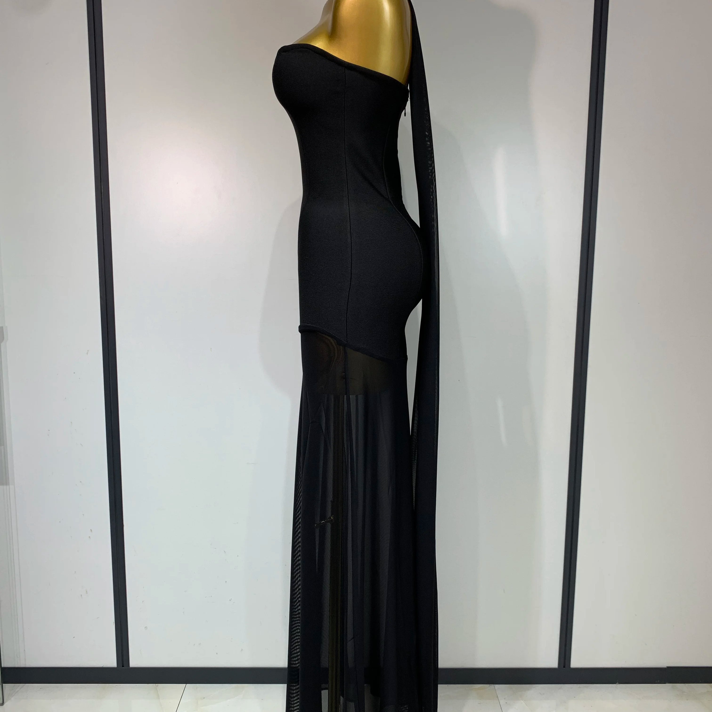 Sexy Strapless Long Bandage Dress Black Mesh Patchwork Elegant Women Blackless Evening Party Gowns Bodycon Birthday Dresses