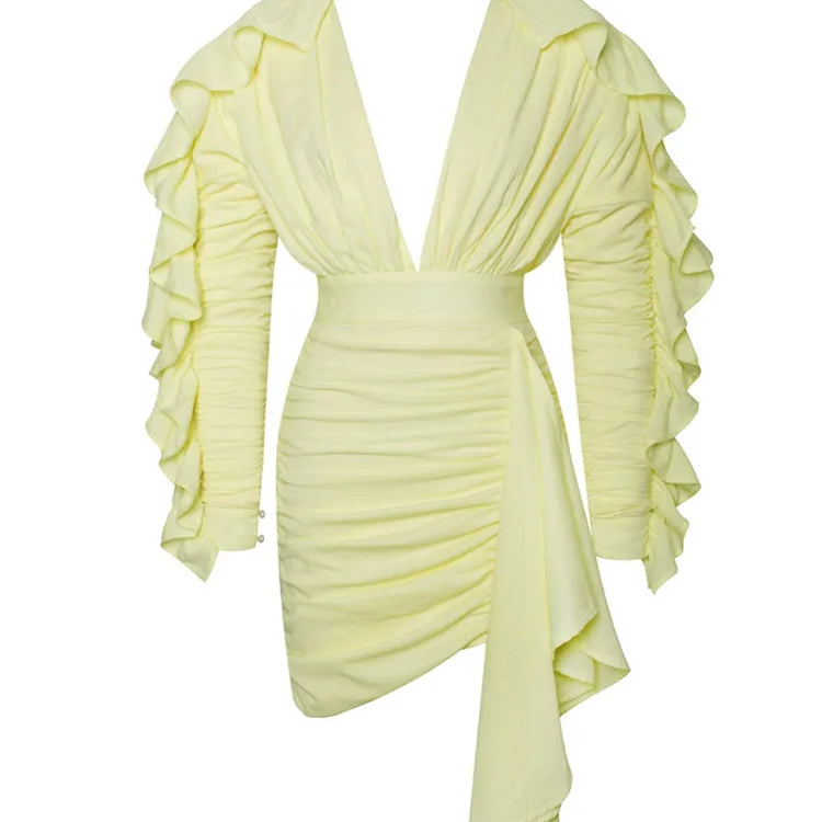 Yellow Green Women Butterfly Sleeve Sexy Deep V-Neck Bodycon Mini Dress Fashion Nightclub Party Dress