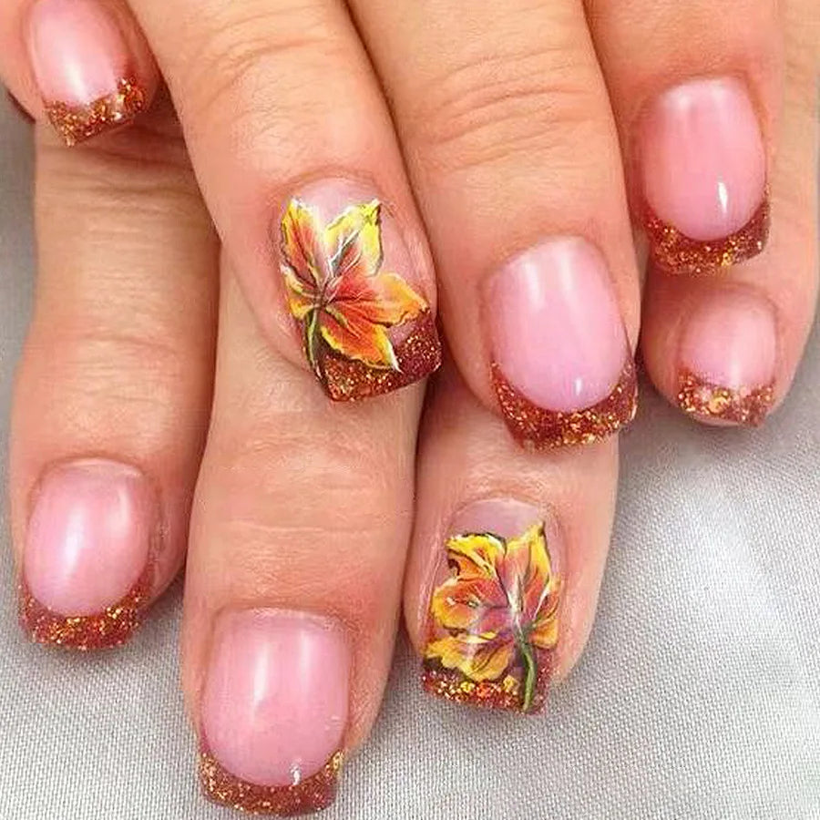 24Pcs Short Press-on Nails Set Square Fallen Leaves Design Orange Flower Nail Tips for Autumn Winter Nails Fake Women&girls Wear