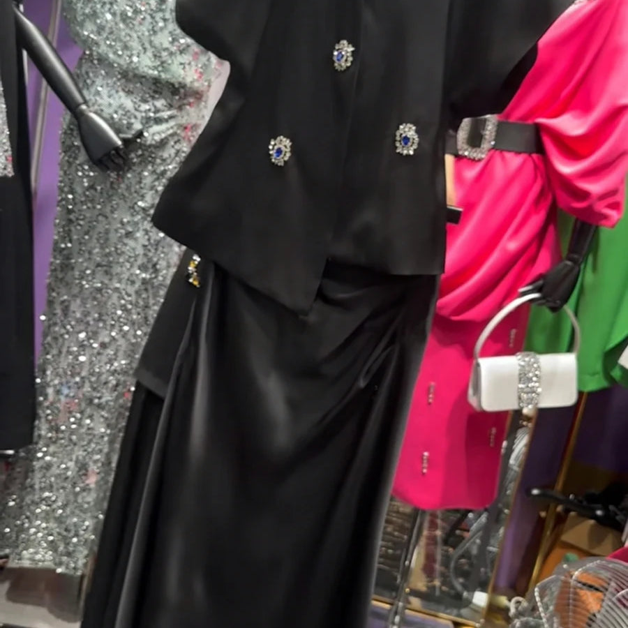 TWOTWINSTYLE Slimming Elegant Two Piece Sets for Women V Neck Short Sleeves Patchwork Bead Top High Waist Long Skirt Set Female