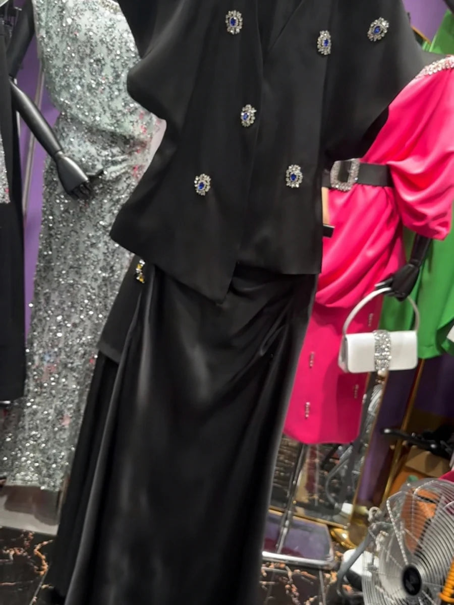 TWOTWINSTYLE Slimming Elegant Two Piece Sets for Women V Neck Short Sleeves Patchwork Bead Top High Waist Long Skirt Set Female