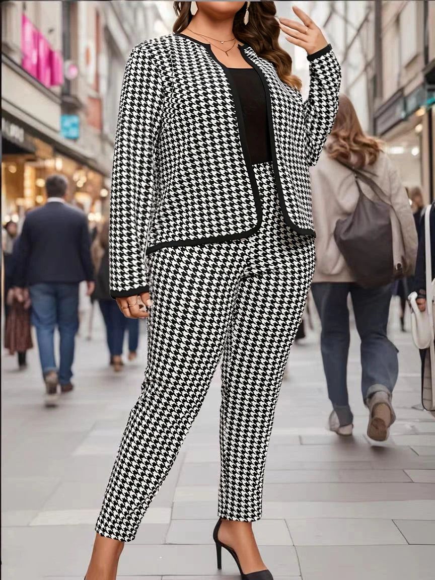 Large size directional elegant and fashionable houndstooth round neck women's long pants set, casual and versatile spring and au