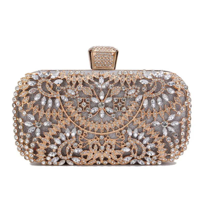 Rhinestones Women Bags Hollow Out Style Fashion Evening Bags Chain Shoulder Handbags Party Wedding Day Clutch Purse YM3105silver