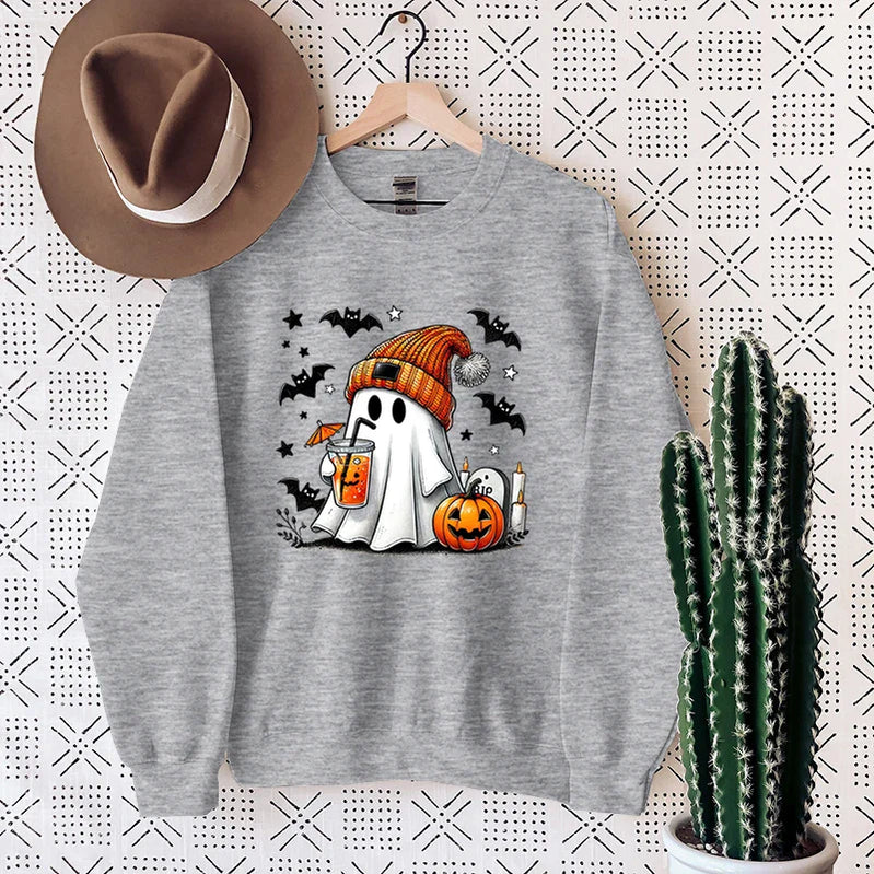 New Women's Sweatshirt Halloween Ghost Pumpkin Bat Print Round Neck Pullovers Ladies Autumn Winter Casual Halloween Sweatshirt GRAY