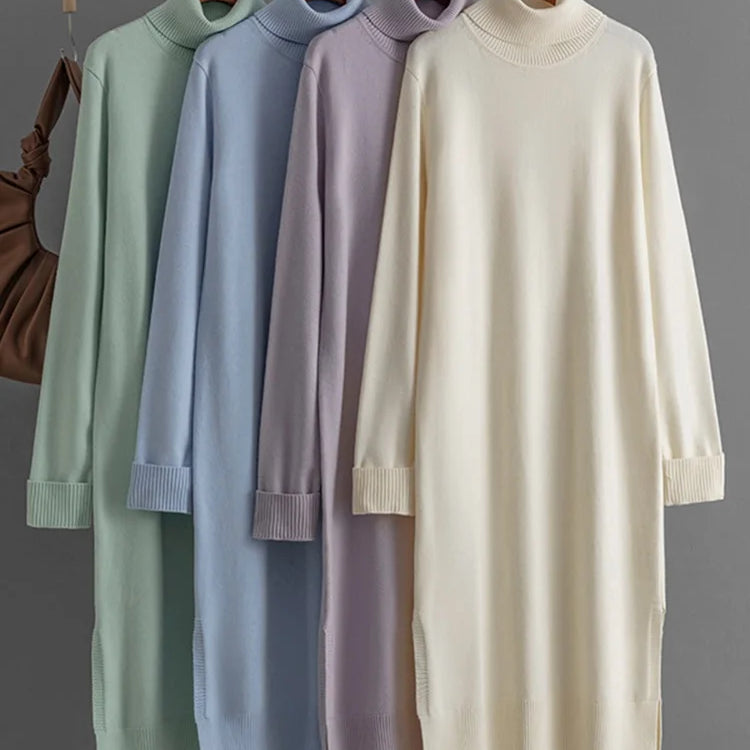 Streamgirl Autumn Turtleneck Slit Dresses For Women Winter Solid Casual Straight Basic Knitted Sweaters Dress Women Elegant