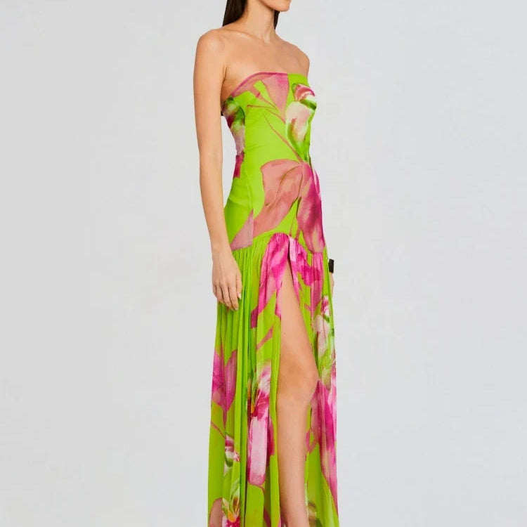 New Summer Print Strapless Mesh Patchwork Slit Long Dress Women Sexy Sleeveless Printed Split Colorful Vacation Maxi Dress Party