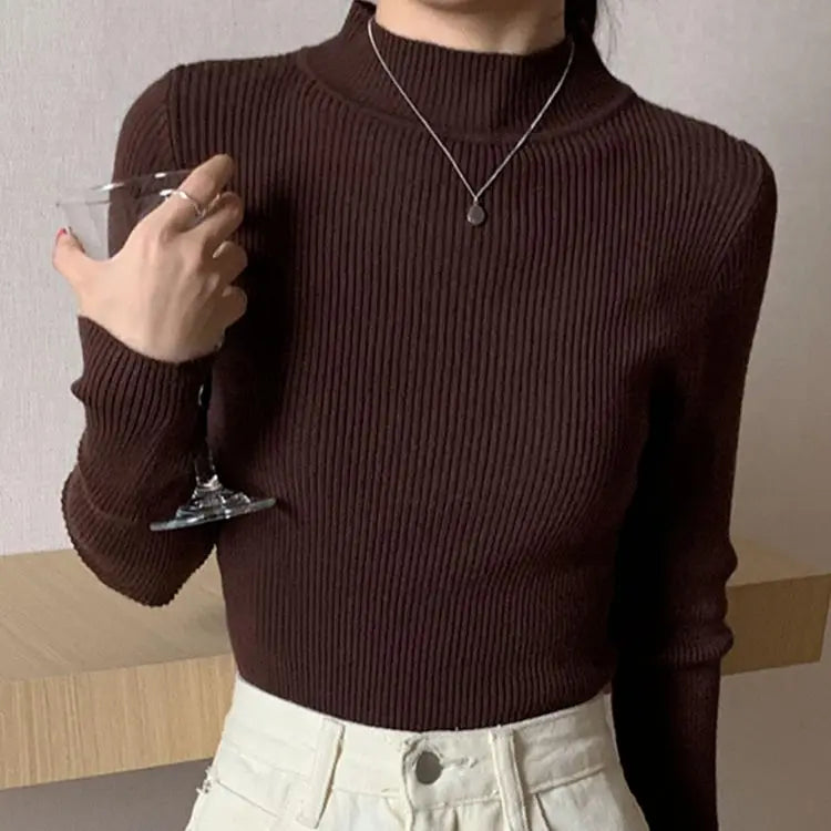 Autumn Winter Mock Neck Women Sweater Vintage Basic Solid Knitted Tops Casual Slim Pullover Korean Sweaters Simple Chic Jumpers Brown One Size