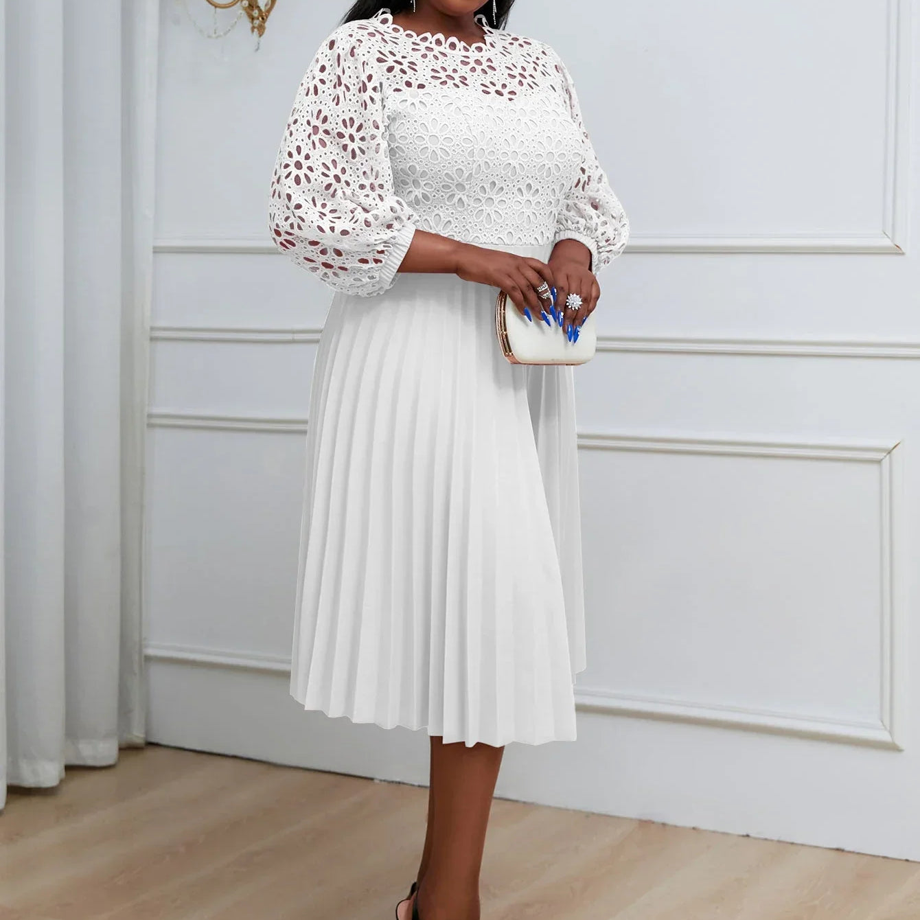 Women Elegant Summer White Pleated Dress Plus Size Hollow Out Lace Sleeve Midi Dresses Elegant Party Birthday Church Outfits