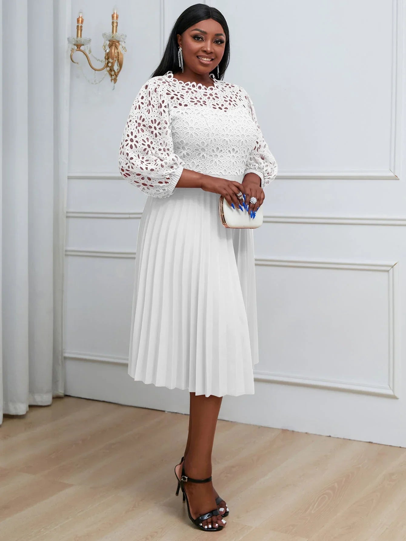 Women Elegant Summer White Pleated Dress Plus Size Hollow Out Lace Sleeve Midi Dresses Elegant Party Birthday Church Outfits