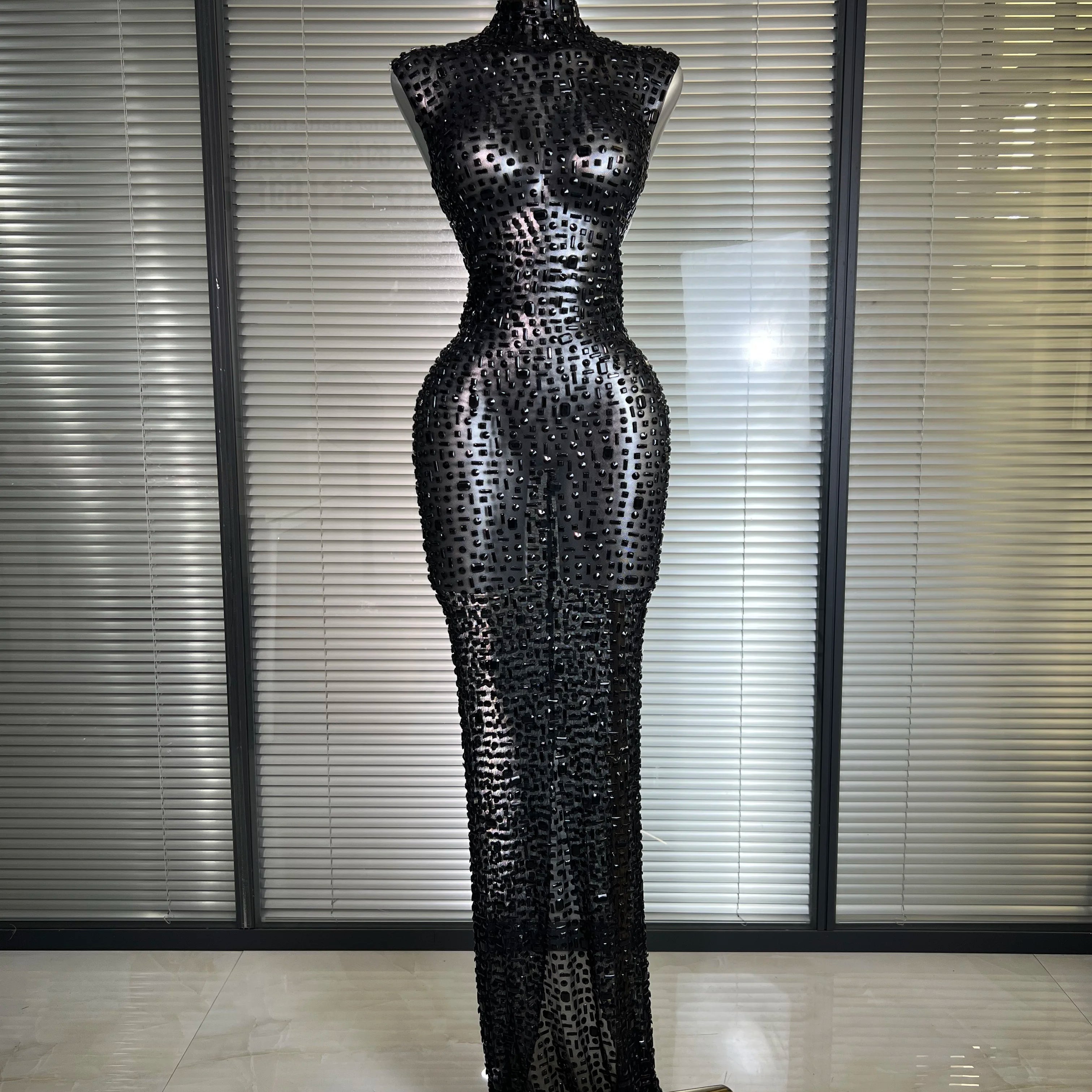 Women Sexy Mesh Crystal Diamonds Black Maxi Dress See Through Party Singer Stage Performance Costume