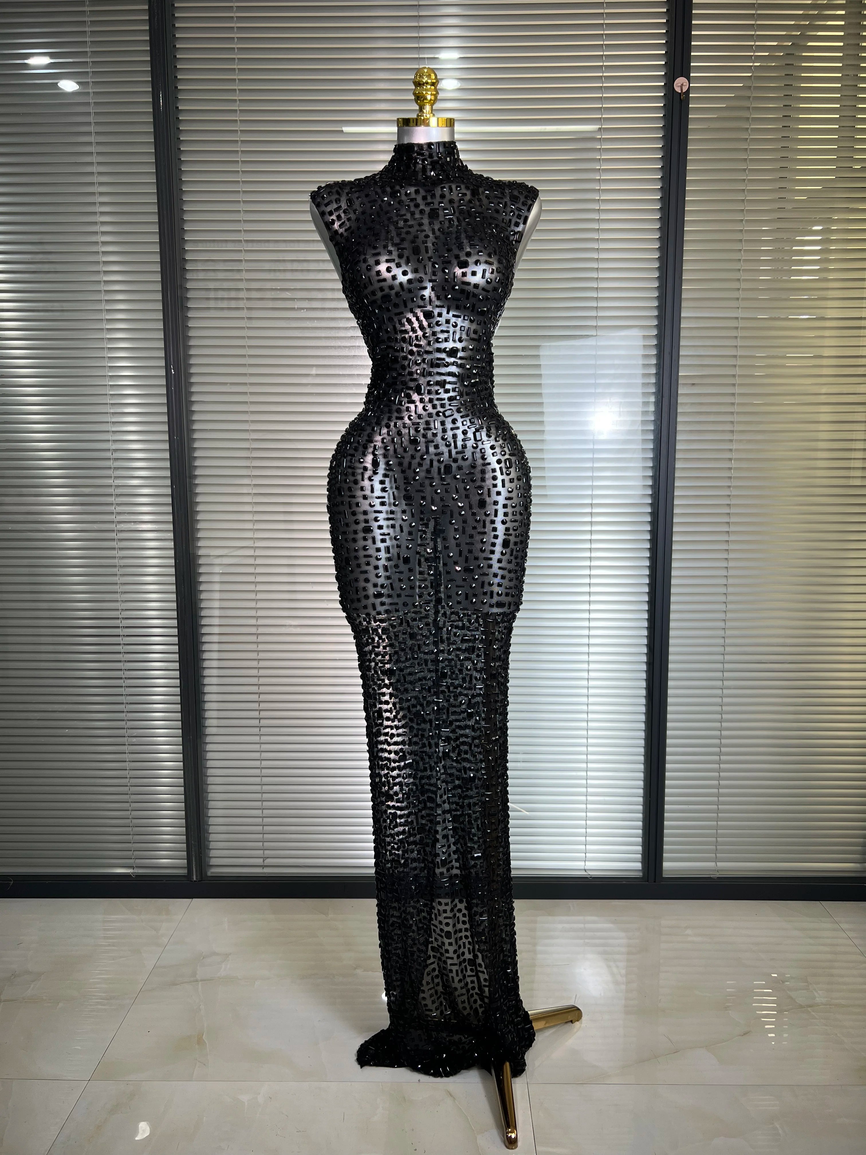 Women Sexy Mesh Crystal Diamonds Black Maxi Dress See Through Party Singer Stage Performance Costume