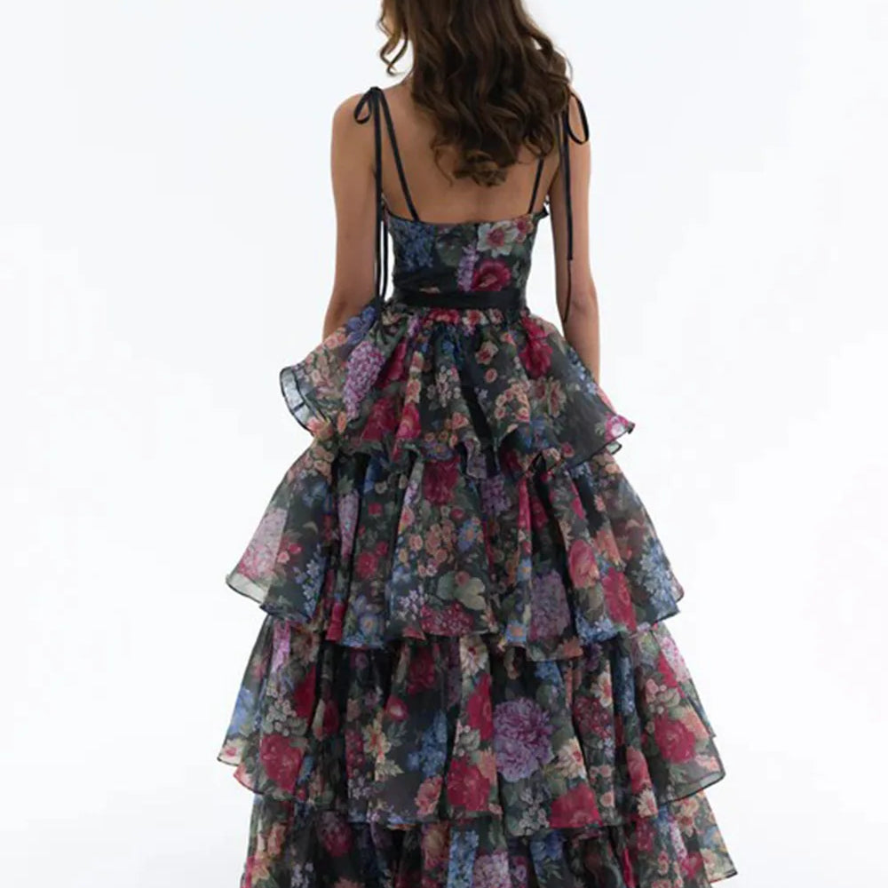 Women Sleeveless Sexy Strap Flowers Print Ruffles Loose Long Maxi Dress Evening Party Celebrate Birthday Vacation Outfit