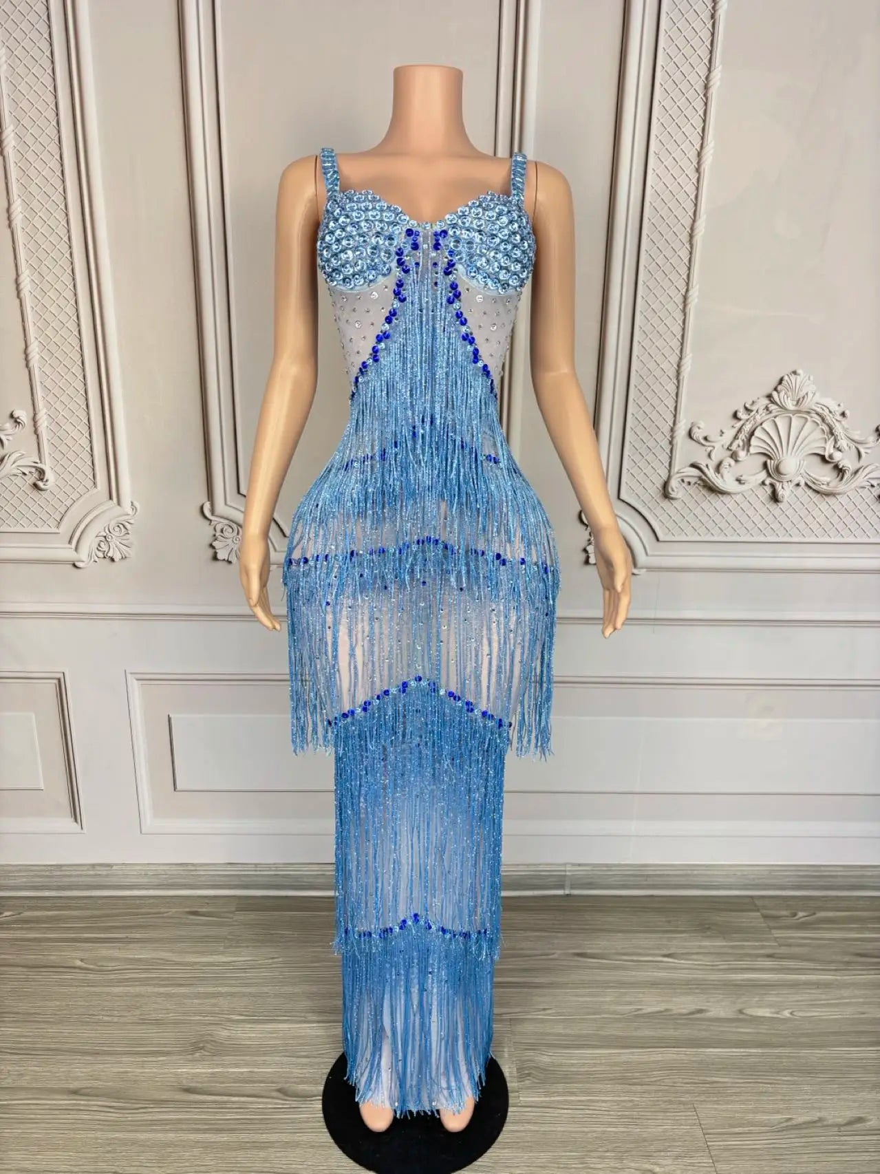 Sparkly Rhinestones Tassel Slip Long Dress Sexy Women Celebrate Prom Sheer Mesh Evening Dress Birthday Photo Shoot Wear lantian