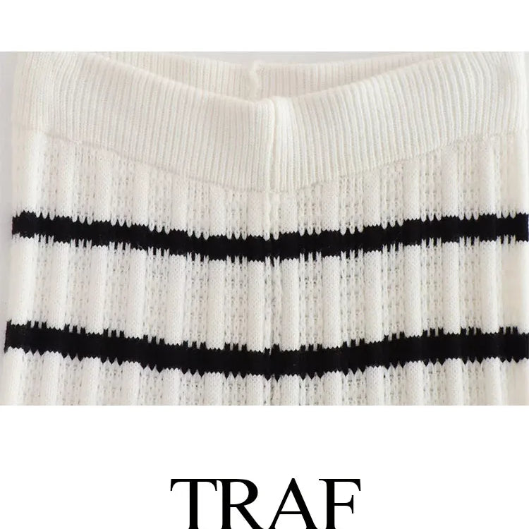 TRAF Women Fashion Summer 2 Pieces Set Black And White Striped V-Neck Lace-Up Tops+Knitted High Waist Wide Leg Pants Female Suit