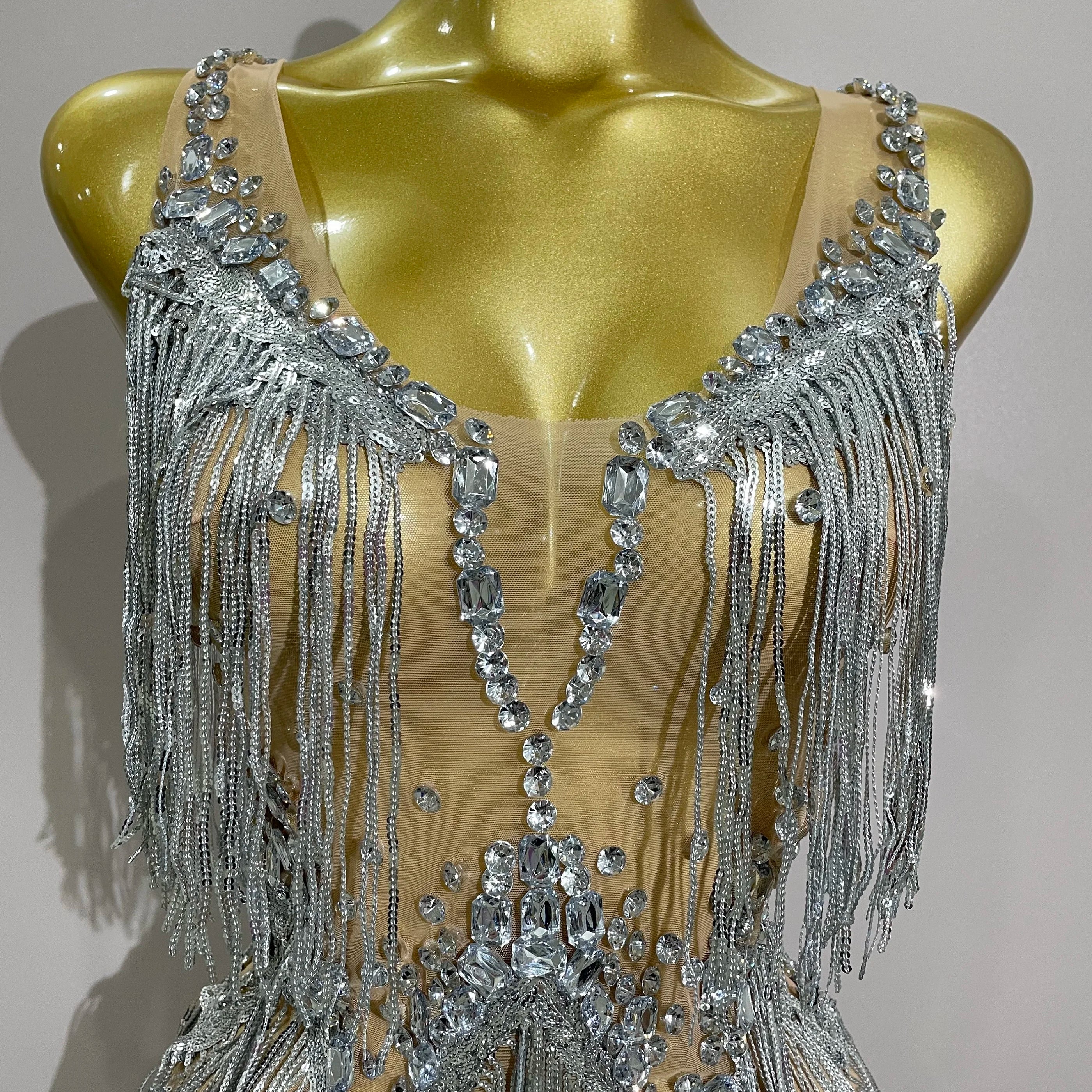 Sparkly Rhinestone Tassels Sexy Mesh Mini Dress 2025 Women Evening Birthday Party Dresses Nightclub Performance Stage Costume