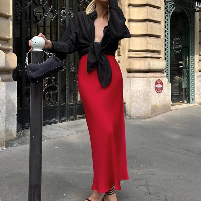 Bclout Fashion Satin Red Skirts Women Elegant Solid High Waist Office Lady Skirts Vintage Thin Party Slim Long Skirts Sexy Red