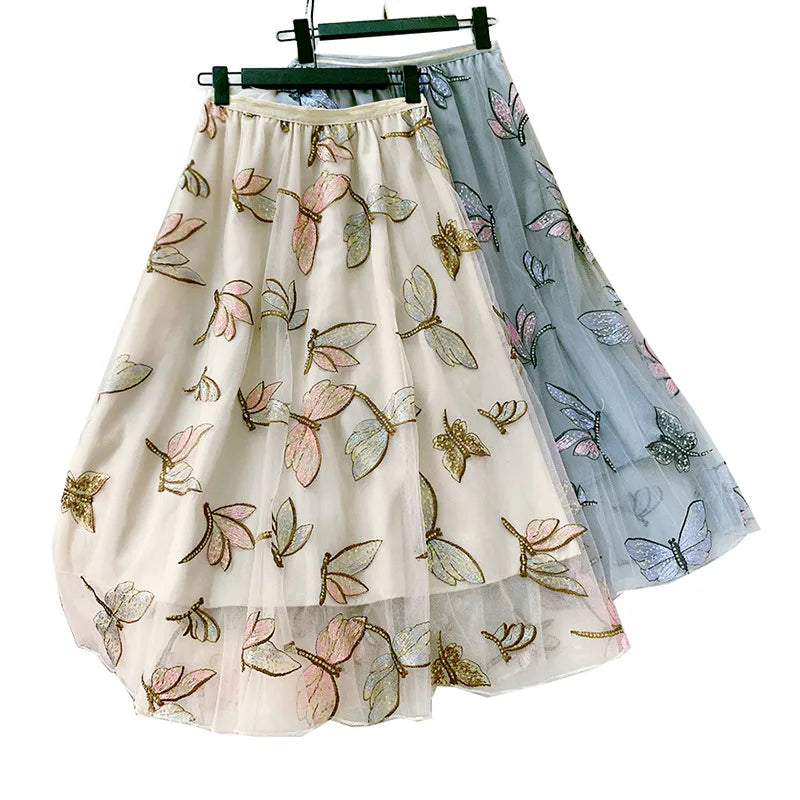 Luxury Sequines Dragonfly Embroidered Tulle Skirts Womens New Summer Fairy Glitter Mesh Skirts High Waist Long Tutu Skirts