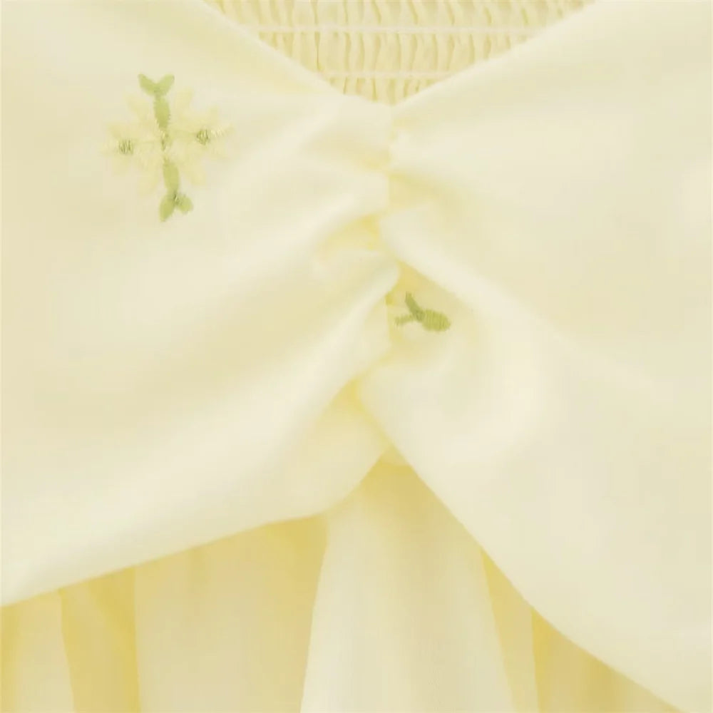 Square Neck Long Sleeve Top for Women, Embroidered Short Top, Sweet Casual Fashion, Early Spring, New