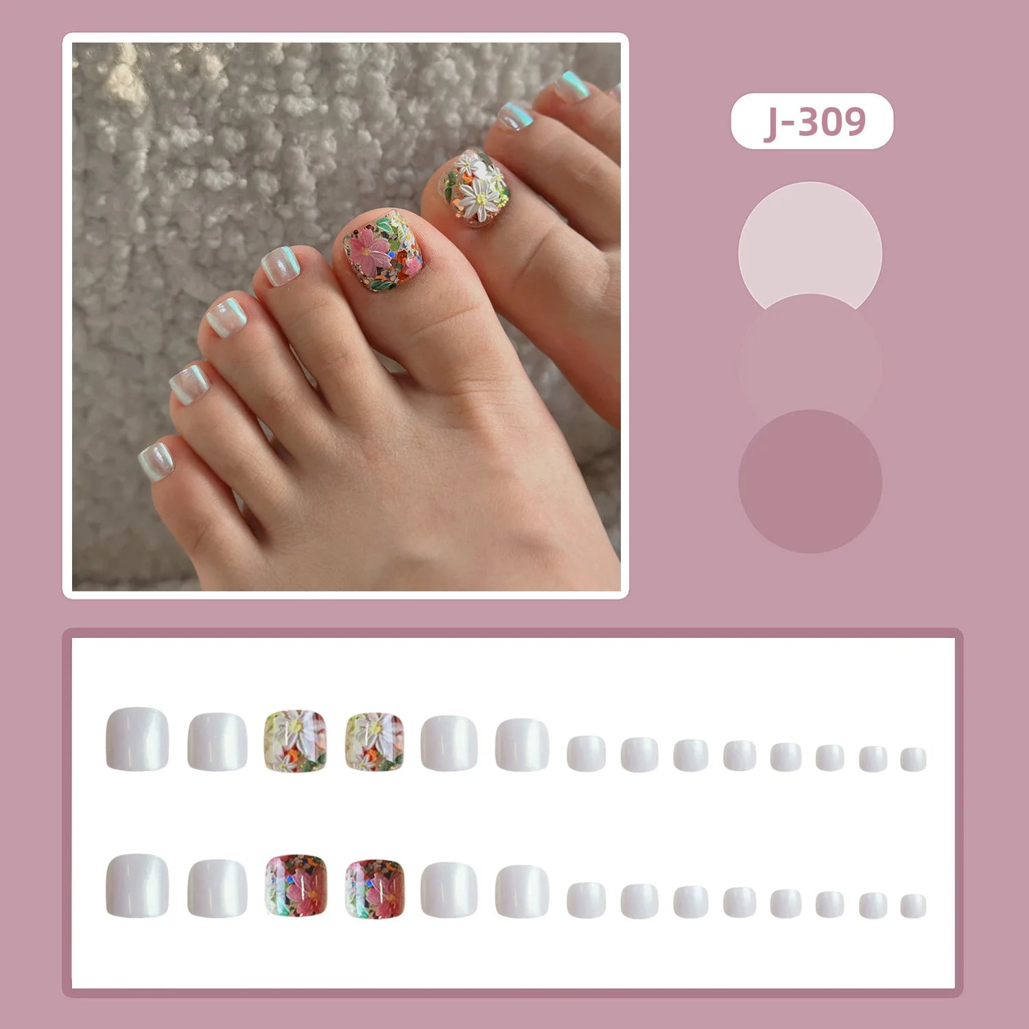 24pcs Flower Print Press on Toenails Summer Wearable False Toe Nails Wearable Spicy Girl Sweet Korean Style Fake Toenails