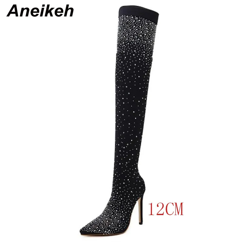 Sexy High Heels Sock Over-the-Knee Boots Pointed Toe Design Crystal Rhinestone Stretch Fabric Pole Dancing Women Shoes 12CM-Black
