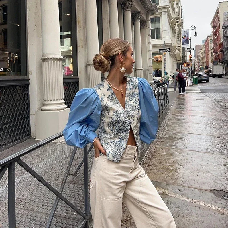 Fashion Print Lantern Sleeve Shirt Women Loose Buttons V-neck Split Female Top Summer Lady Patchwork Blue Streetwear Photo color