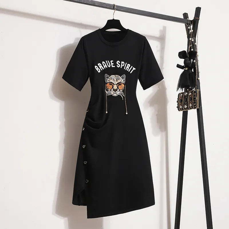 Autumn New Irregular Short Sleeves Women's Printed Street Fashion Inside Knitted Dresses Tunics black