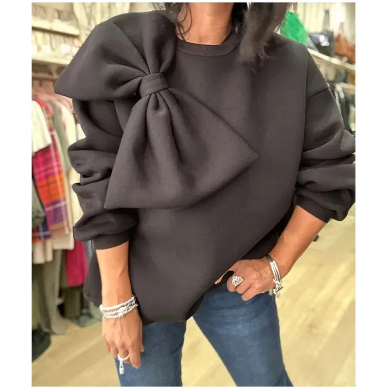 Bow O Neck Women Pullover Long Sleeve Solid Loose Female Tops Spring Fashion Casual All Match Lady Blouses black