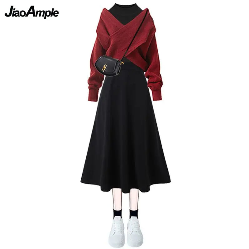 Autumn/Winter New Korean Elegant Matching Set Women's Fashion Cross Knit Sweater+Bottom Shirt+Strap Dress Three Piece Suit