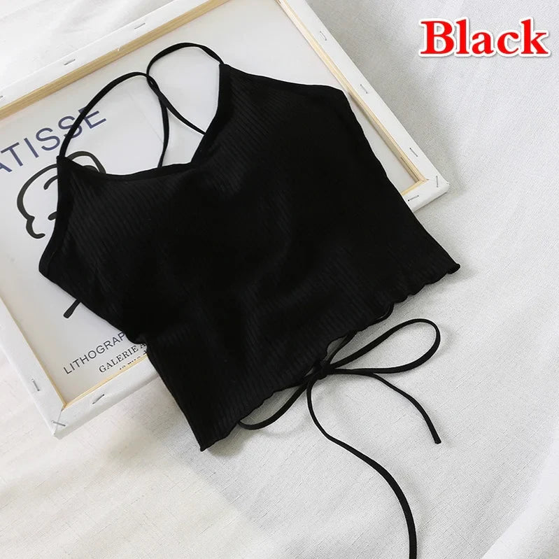 2023 Summer New Slim Fit Open Back Sexy Chest Cushion Strap Women Crop Tops Sexy Solid Color Camisole Women Clothing 1 One Size