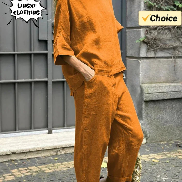Summer Fashion New Style Matching Series Round Neck Cotton Linen Top High Waist Wide Leg Long Pants Set Plus Size Women's Wear