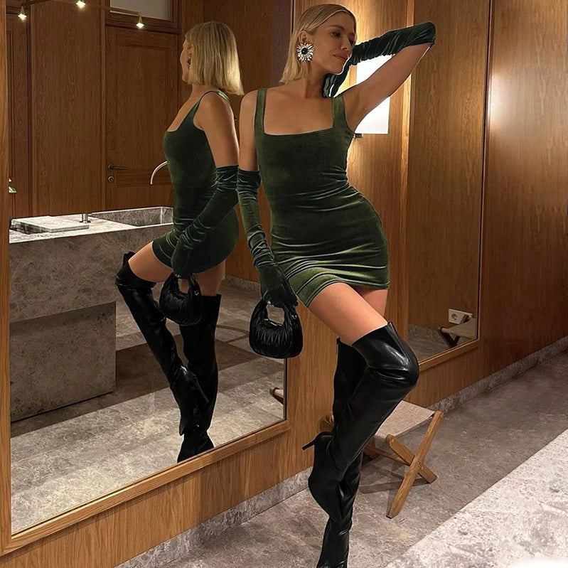 Velvet Solid Pure Color Long Sleeves With Gloves Mini Dress Summer Women Sexy Wholesale Body-Shaping Clubwear green