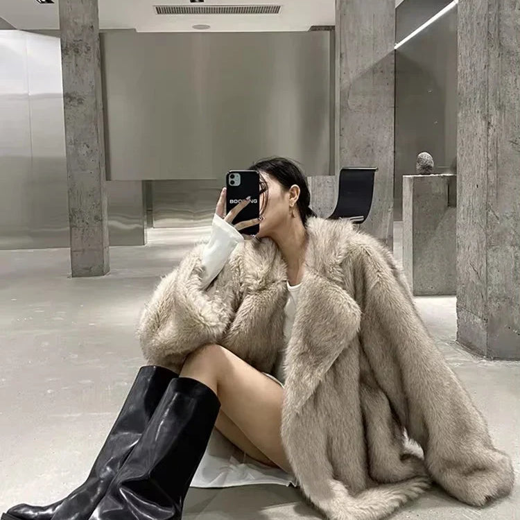 Lautaro Winter Loose Casual Thick Warm Soft Hairy Faux Fur Coat Women Luxury High Quality Furry Fluffy Jacket Korean Fashion gray