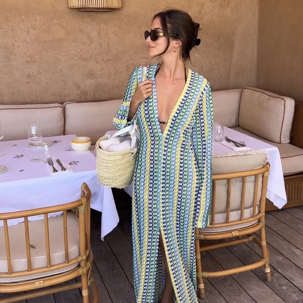 Crochet Colorful Stripe Maxi Dress Women Flare Sleeve V-neck High Split Sexy Long Dresses New Autumn Beach Banquet Vestidos