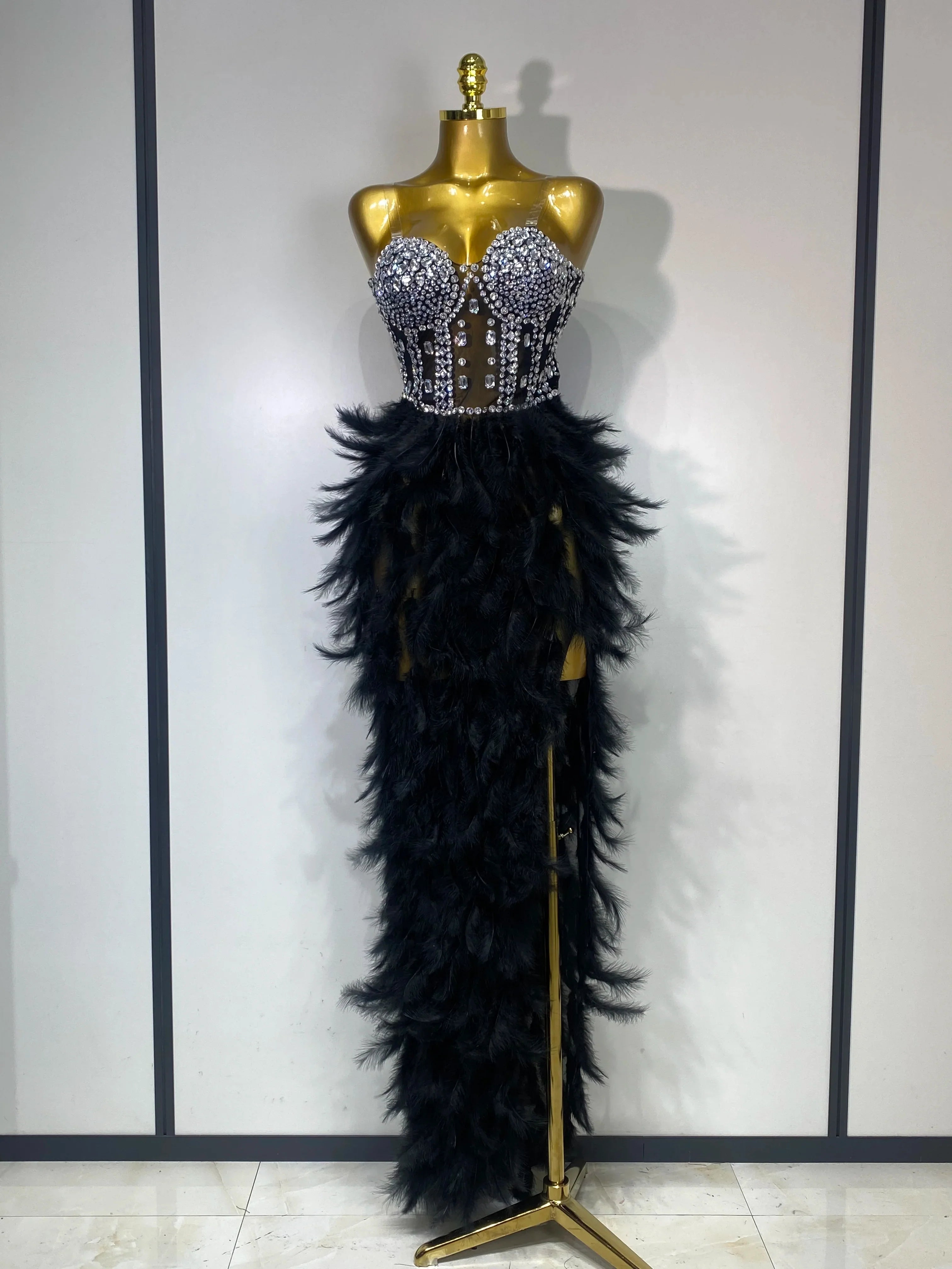 Sparkly Rhinestone Feather Mesh Long Dress Women Sexy Elegant Evening Party Luxury Birthday Photo Shoot Performance Costume