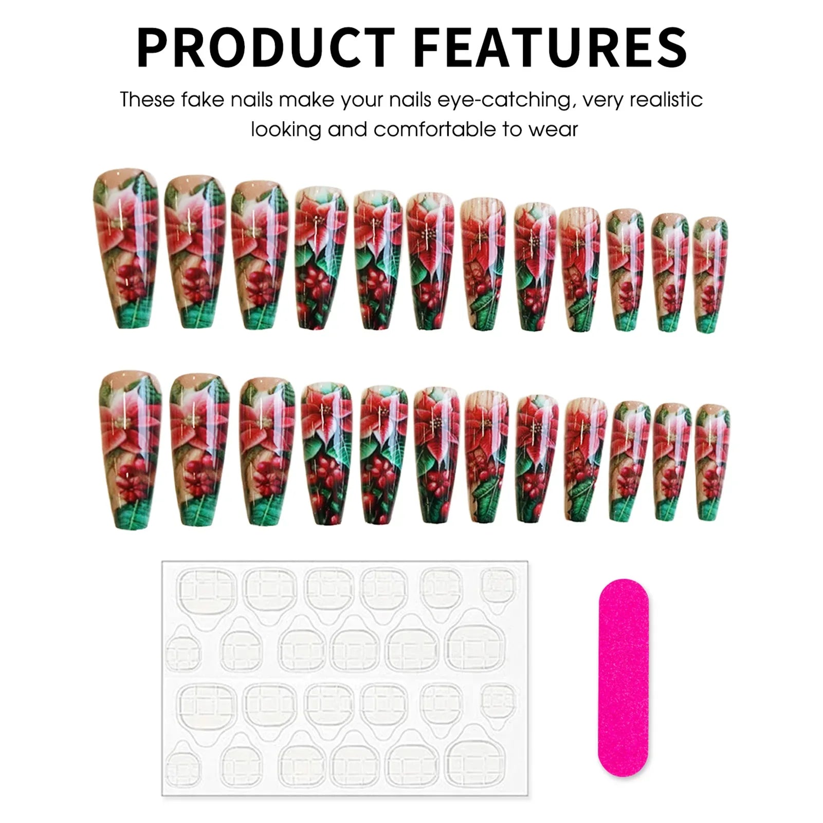 24Pcs Long Coffin Fake Nails Women Chriarmas Party Charm Manicure Full Cover Press On Nails Red Flower Printed Nails Supplies