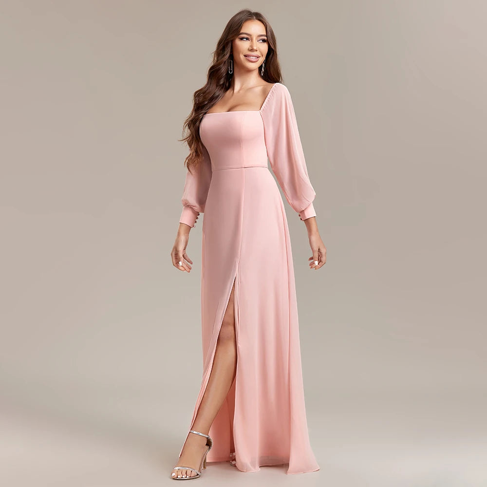 Women Strapless Pink Long Sleeved Bridesmaid Dresses Chiffon Free Wear Square Neck Party Gown Elegant Party Dress For Wedding Pink