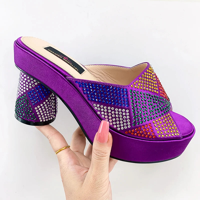 Fashion Italian Designers Luxury Round Toe Rhinestone Bright Diamond Patchwork Summer Women's Platfrom High Heels Shoes