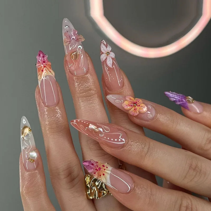 24Pcs Colorful Smudge French Press on Fake Nails with 3D Flower Butterfly False Nails Mid-length Stiletto Reusable Manicure Tips