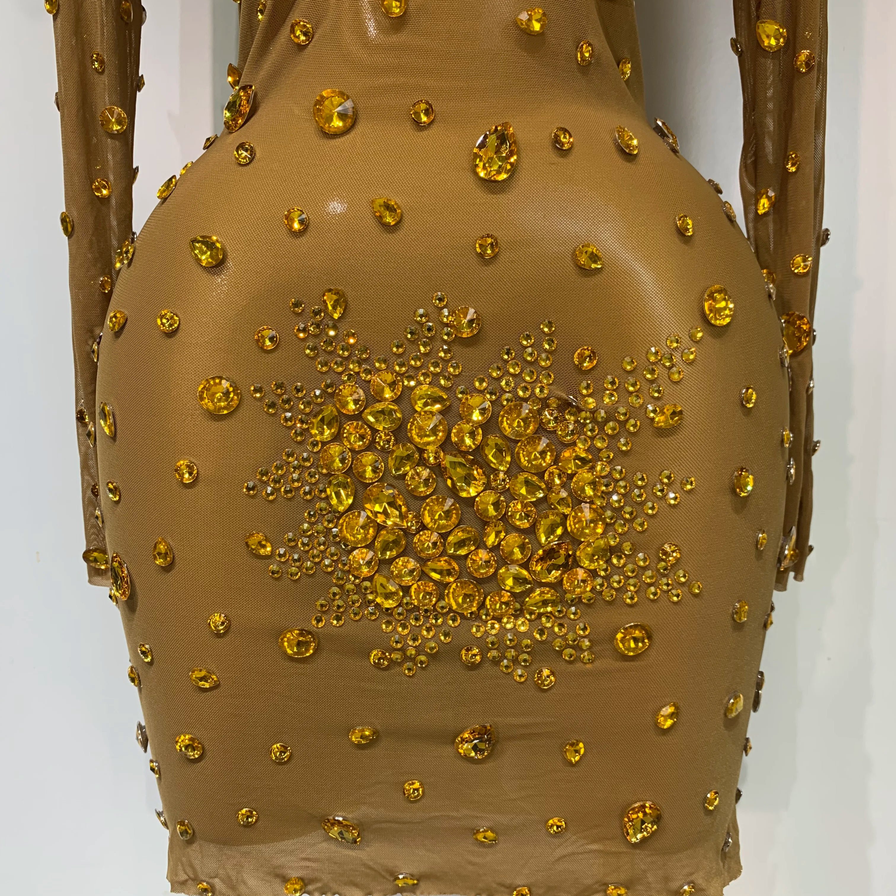 Women Sexy Gold Rhinestones Sparkly See Through Mini Dress Evening Party Fashion Performance Stage Outfit Luxury Birthday Dress