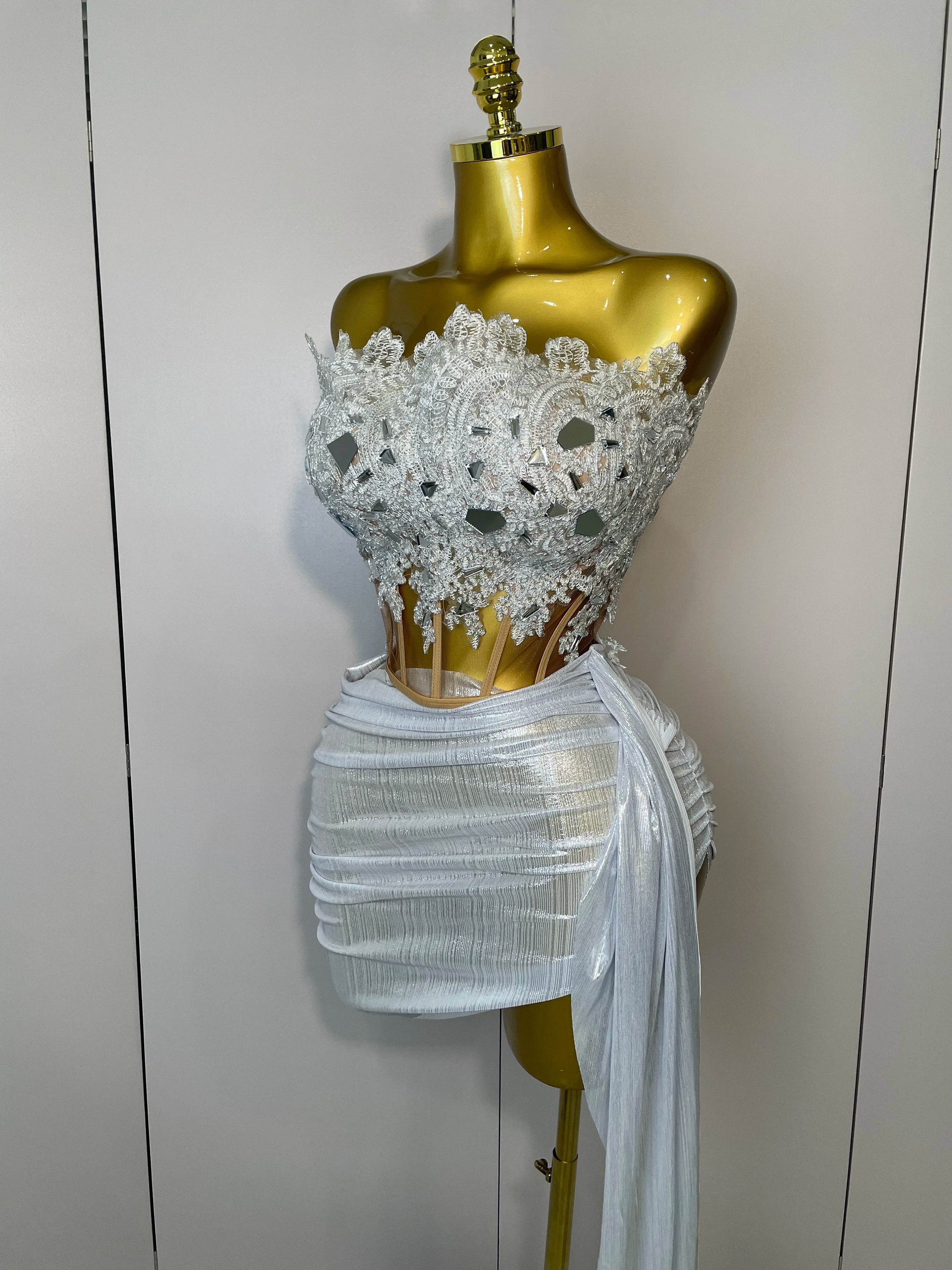 Sparkly Silver Sequins Sexy Strapless Short Dress 2Pcs Set Newest 2025 Women Party Birthday Nightclub Singer Dancer Stage Wear