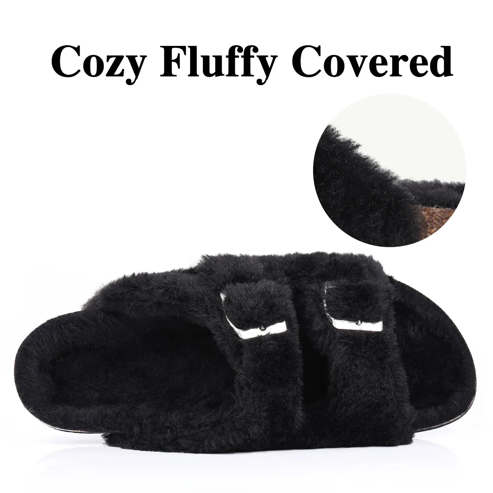 Cork Plush Flip Flops Clogs For Women Slippers Winter Furry Fluffy House Slippers With Arch Support Fuzzy Fur Flip Flops