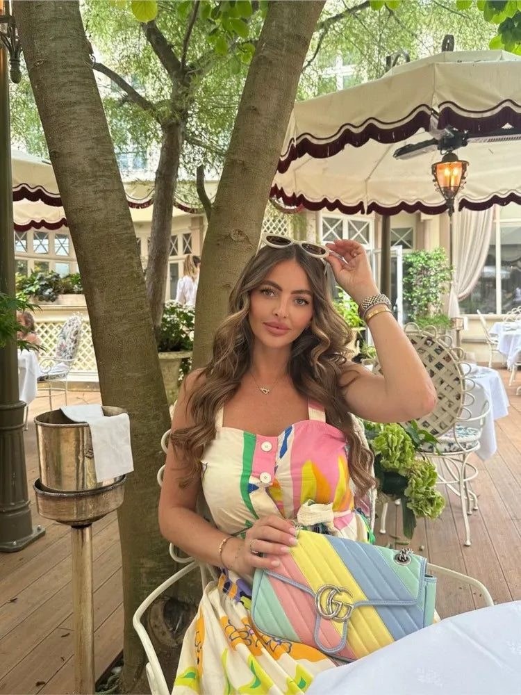 Print Square Neck Sling Midi Dress Women Single Breasted Belt Decoration A-line Dresses Summer Female Chic Beach Party vestido